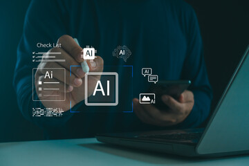 A modern concept image showing a person using digital devices with AI interface icons, highlighting innovation, automation, data processing and smart technology for business and workflow enhancement.