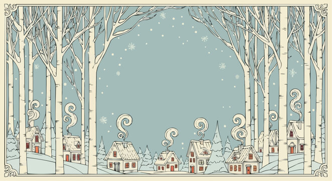 Winter scene with snow falling on houses framed by birch trees and smoke from chimneys creating a cozy feel