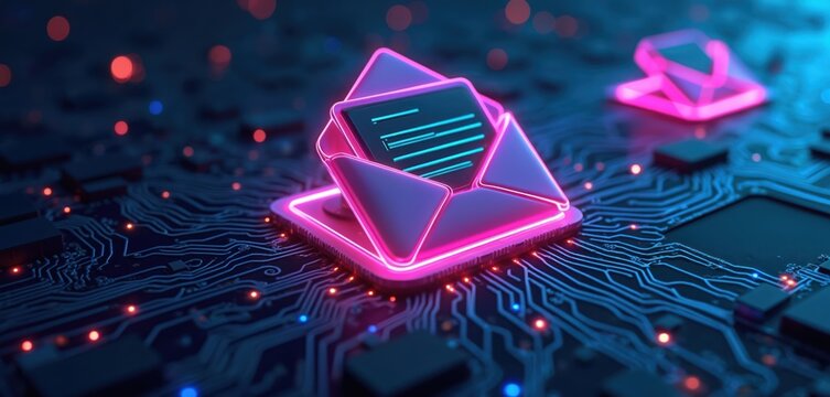 Open email icon with glowing neon lines displays digital message on tech circuit board. Concept shows online communication, information transfer, data flow. Electronic mail, newsletter marketing,