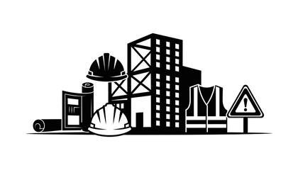 Obraz premium Construction Site Safety and Building Development Illustration with Hard Hats and Safety Vest.