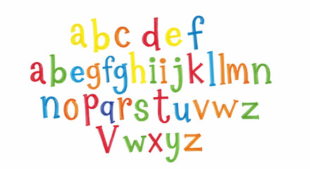 Fototapeta premium Colorful alphabet letters displayed in three rows on a white background for educational use