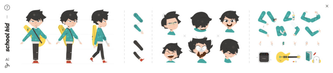 School Guitarist Character Kit for Animation with Multiple Emotions, Hand Parts and Musical Elements for Creative Educational Projects