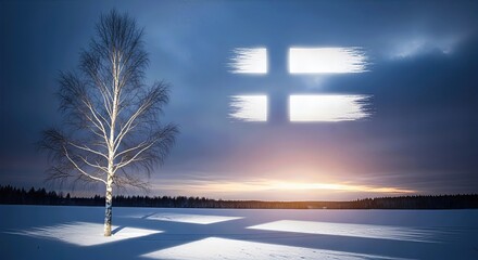 Finland Independence Day congratulations greeting card banner. Winter landscape with birch tree and glowing flag symbol in cloudy sky. National holiday promotion.
