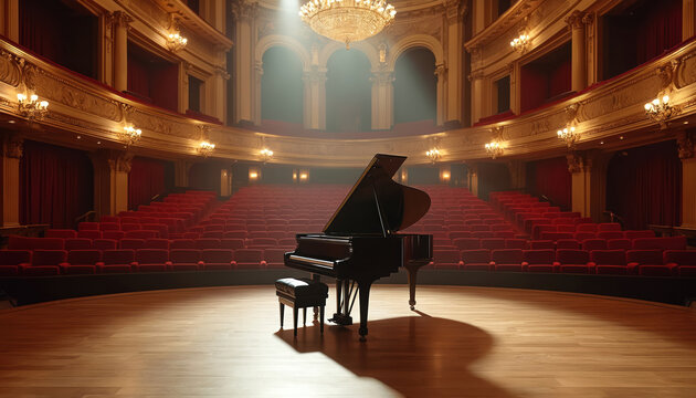 Grand piano on stage in classic theatre. Elegant interior with empty red seats. Classical music concert hall before performance. Musical instrument under bright light ready for show.