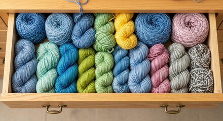 Colorful yarn skeins organized in wooden drawer for crafting projects. Yarn skeins in varying shades of blue, green, yellow