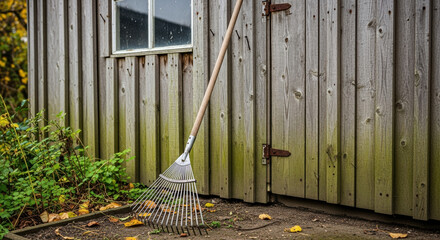 Rake leaning against wooden shed in garden setting with autumn leaves scattered on the ground.