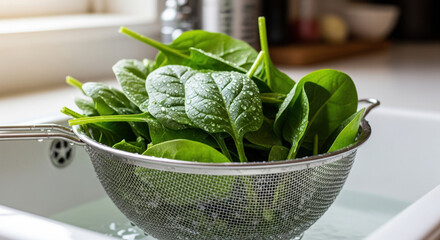 Fresh spinach in strainer set on kitchen sink with water underneath, vibrant green leaves glistening in natural light. 