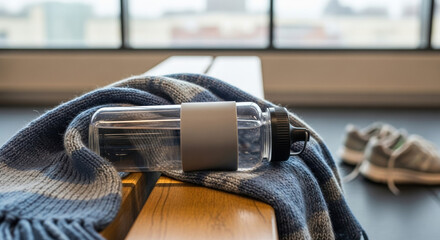 Sport bottle and scarf on wooden bench with shoes nearby. Sport bottle holds refreshing water beside cozy scarf on polished wood, creating a relaxed atmosphere.