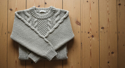 Cozy wool sweater on wooden floor with textured knitting pattern. Sweater features intricate design and warm grey color nestled on natural wooden surface.