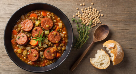 Delicious sausage and lentils stew with fresh vegetables in black bowl on wooden table. Hearty sausage and lentils stew includes carrots, onions, and spices.