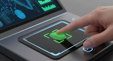 Modern human hand pressing glowing biometric fingerprint scanner device for digital identification, securing personal access, advanced technology interface displaying data.