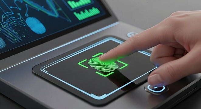 Modern human hand pressing glowing biometric fingerprint scanner device for digital identification, securing personal access, advanced technology interface displaying data.