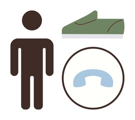 Person figure, green shoe, and rounded phone receiver visualization. Ideal for lifestyle, mobility, connection, humanity, simplicity functionality communication themes. Modern simple flat metaphor