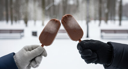 Two people holding chocolate ice cream bars in winter wonderland. Friends enjoying chocolate ice cream treats while snow covers park benches and trees.