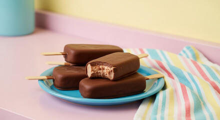 Chocolate ice cream bars on colorful plate with vibrant kitchen setting. Delicious chocolate-covered ice cream bars feature creamy center and wooden sticks for easy handling.
