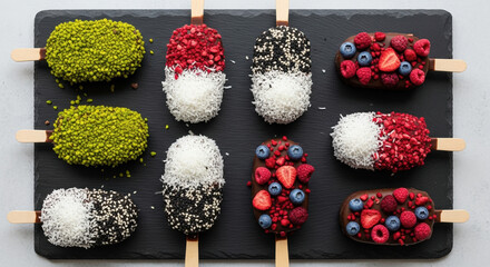 Assortment of chocolate-covered popsicles with various toppings on slate board. Chocolate popsicles are decorated with fruits, nuts, and sprinkles creating a vibrant dessert display.