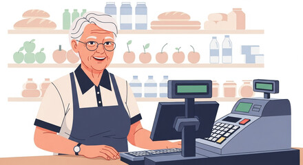 Charming elderly cashier smiling at checkout station in store with groceries and beverages on shelves. Friendly cashier presents a welcoming atmosphere for shopping experience.