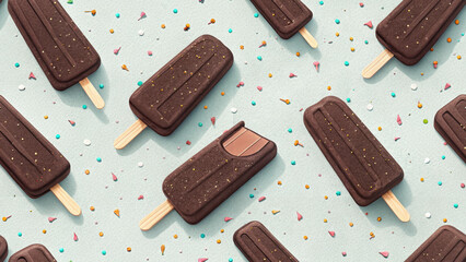 Seamless pattern of chocolate ice cream laid out on a festive background with colorful sprinkles and one half-eaten ice cream.