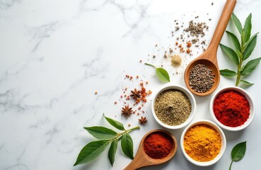 Various spices and fresh herbs arranged on a white marble surface. Red paprika, yellow turmeric, green seasoning, and black peppercorns in bowls and wooden spoons. Culinary ingredients for cooking.