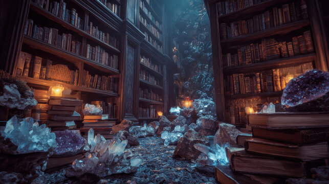 Mystical underground library corridor with glowing amethyst crystals