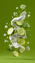 Fresh cucumber slices with dill and cream splash