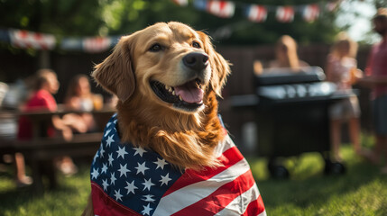 Patriotic Golden Retriever sitting near a barbecue grill, draped in an American flag cape, family gathering in a suburban backyard for Independence Day party.