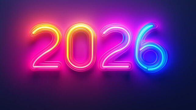 Neon "2026" glowing numbers on dark gradient background, modern celebratory style.