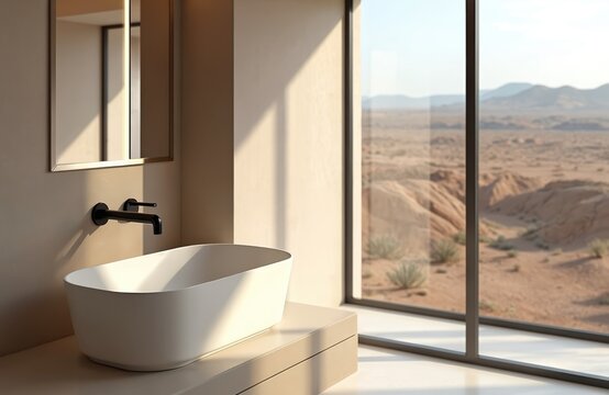 Minimalist bathroom features freestanding tub, modern faucet. Large window arid desert landscape with distant mountains. Natural light floods bright, clean space, offering serene, luxurious - Powered by Adobe