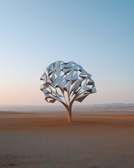 Futuristic metallic tree standing in arid desert landscape