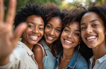 Four smiling women of diverse ethnicities take a group selfie outdoors. Friends capture happy moment, showing unity and connection with phones. Joyful bond between young females photographed together.