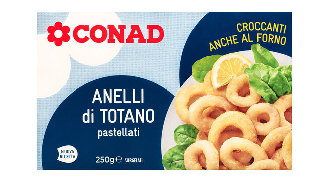 Conad Anelli di Totano pastellati surgelati,frozen battered squid rings,Italian brand product,front packaging isolated.