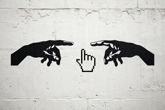 Digital creation concept, two hands reaching out to a computer cursor on a textured wall