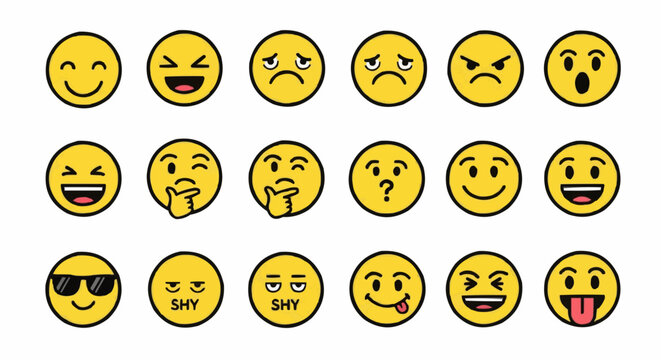 Collection of yellow emoji faces displaying a variety of different emotions and expressions here now