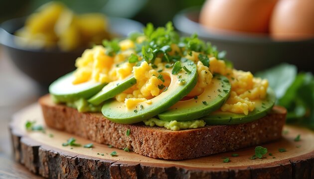 Toast with scrambled eggs and sliced avocado on whole grain bread. Healthy breakfast or brunch meal, nutritious ingredients on wooden board, fresh green herbs sprinkled on top, eggs in background. - Powered by Adobe