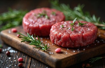 Two raw beef burger patties with herbs and salt sit on a wooden cutting board. Close-up view of ground meat prepared for grilling. Fresh ingredients ready for cooking.