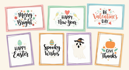 Collection of holiday themed cards with various greetings and seasonal illustrations displayed together nicely