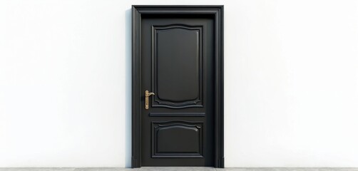 Dark wood door stands against a white wall. Entrance shows house design elements. Golden handle is on black classic style door. Building exterior simple architectural details are visible.