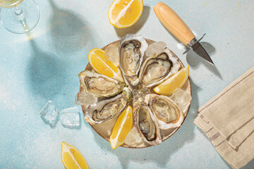 Open oysters are served on a plate with lemon wedges and ice alongside two glasses of chilled white wine, creating an elegant and refreshing seafood dining experience on sunny day