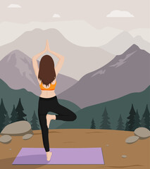 Outdoor Yoga Illustration &ndash; Woman in Tree Pose on Purple Mat with Mountain Landscape and Pine Trees