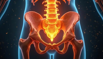 3D render shows human skeletal pelvis, lower spine glowing orange. Blue outline highlights body anatomy. Image illustrates core support, posture, hip joint structure. Important for med education,
