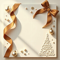Elegant minimalist Christmas background with gold ribbon, ornaments, and stylized tree on a neutral pale surface. Copy space
