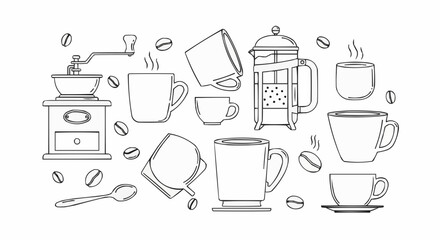 Illustration of coffee related items including a grinder press and various cups and coffee beans