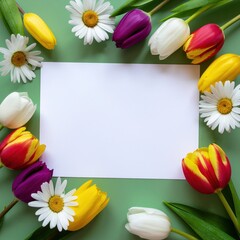 Colorful Tulip and Daisy Flower Arrangement with Blank Template on Green Background