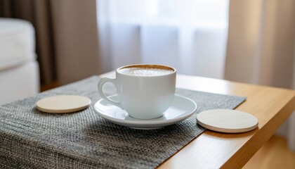 Cup of Coffee on a Wooden Table in a Bright Cozy Living Room with Natural Light Curtains