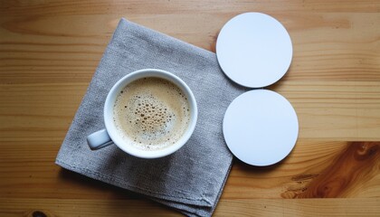 Cup of Creamy Coffee on a Wooden Table with Coasters and a Soft Napkin