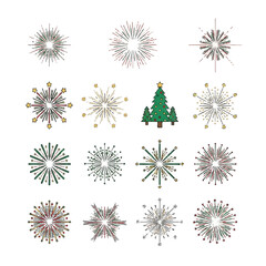 Festive Collection: Sparkling Sunbursts and Christmas Tree Icons.