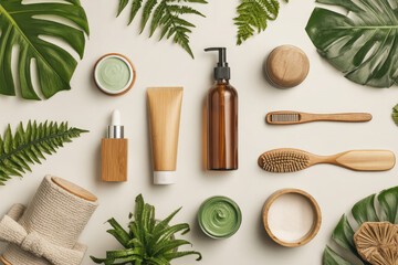 Natural skincare product flat lay with green cream amber bottle bamboo tube wooden brush toothbrush tropical leaves and spa accessories on beige background creating calm organic vibe