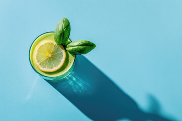 Green smoothie with lemon slice and spinach leaf on top, casting long shadow on blue background, minimal still life, healthy and refreshing summer drink concept
