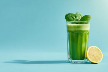 Green smoothie in clear glass with spinach leaves and lemon on blue background, healthy refreshing drink, minimal style, vibrant color, fresh and nutritious concept
