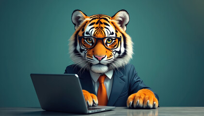 Tiger wearing glasses and business suit types on laptop. Feline works on computer at desk. Wild animal uses modern tech. Funny illustration concept.